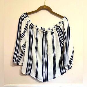 Hint of Blush | Navy & White Striped Off the Shoulder Sheer Blouse | Medium